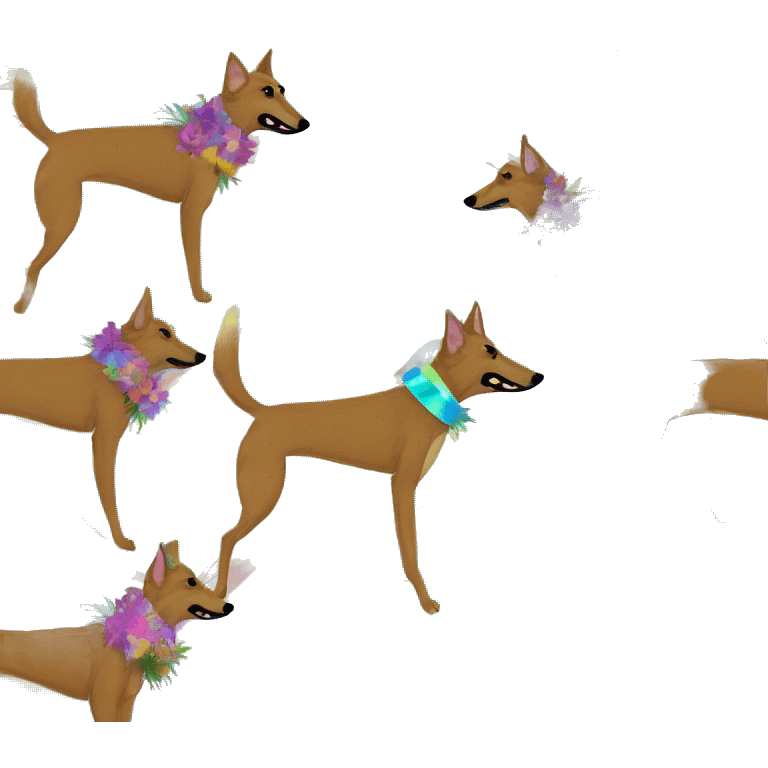  brindle brown black maroon striped lurcher Alsatian fox running blue eyes and iridescent holographic oilslick harness wearing paper iridescent tropical flower crown yellow caution tape emoji