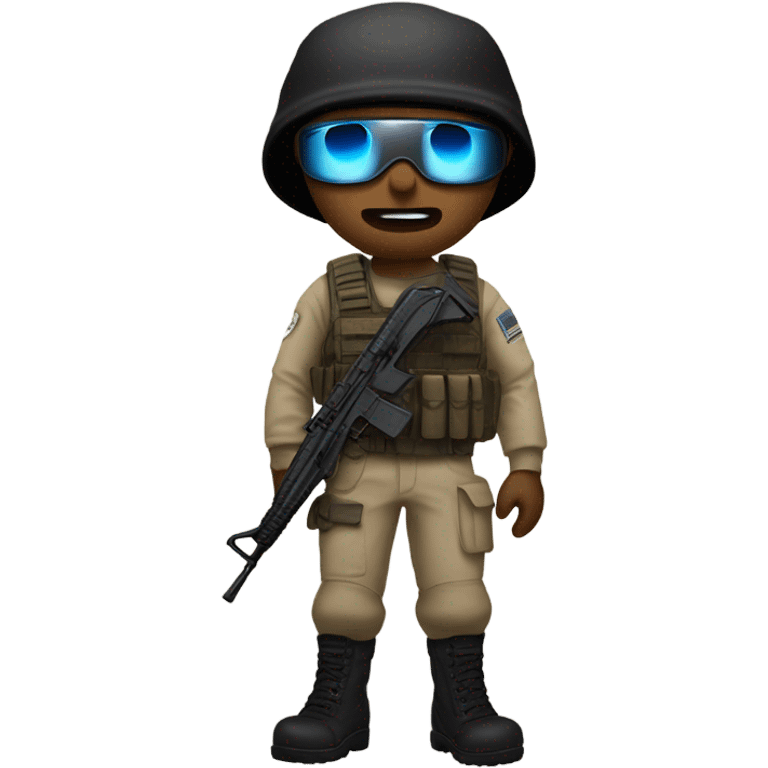 White male, call of duty mask, tan tactical gear, tan pants, combat boots, black beanie, blue eyes emoji