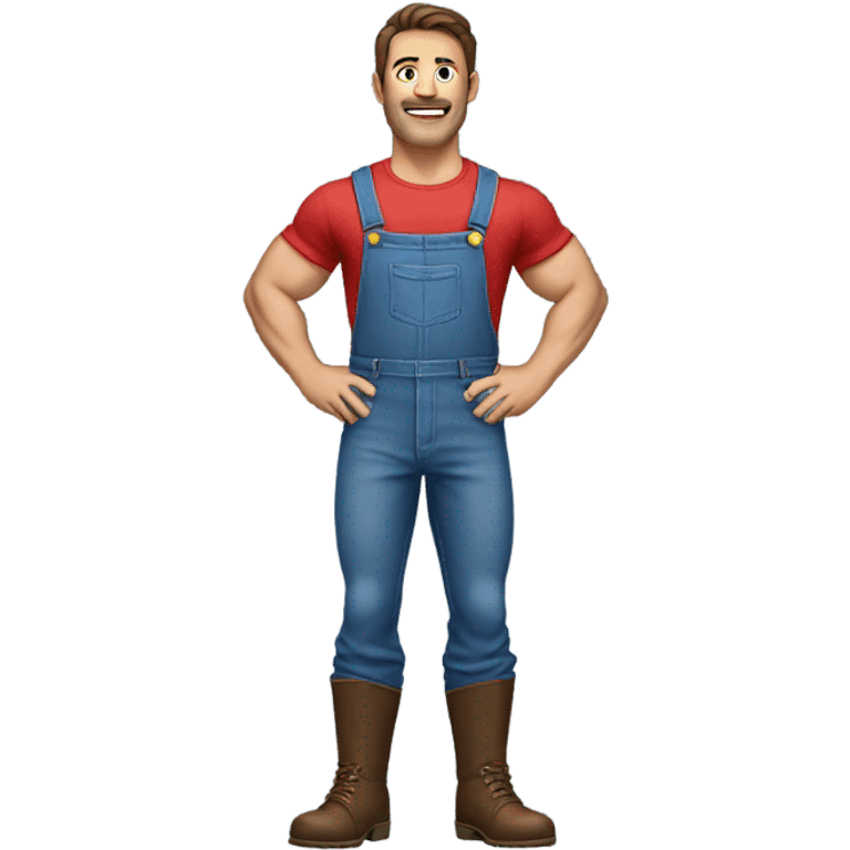 Muscular man with brown hair wear a red shirt and blue overalls emoji