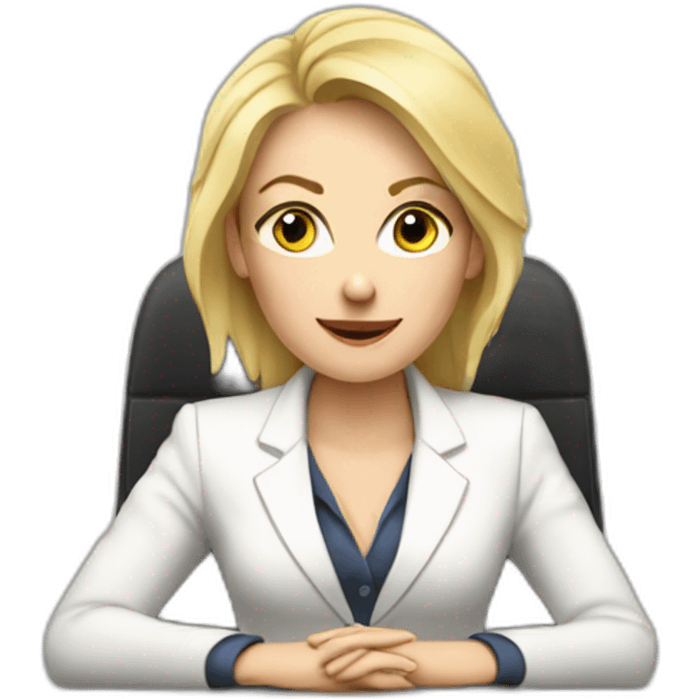 Blonde white woman wearing a suit sitting on the table telling the news towards the camera emoji