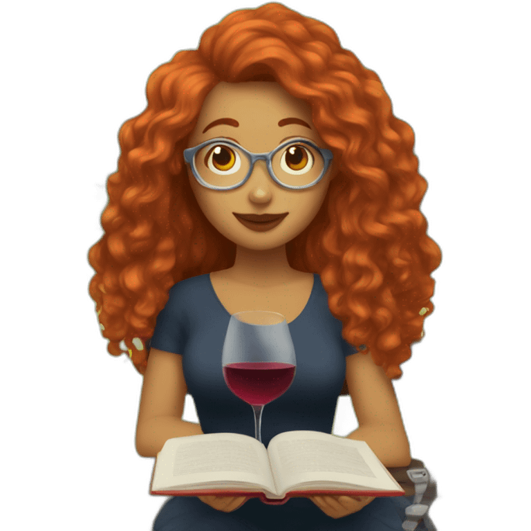 woman with long curly red hair reading a book with a glass of wine in a park emoji