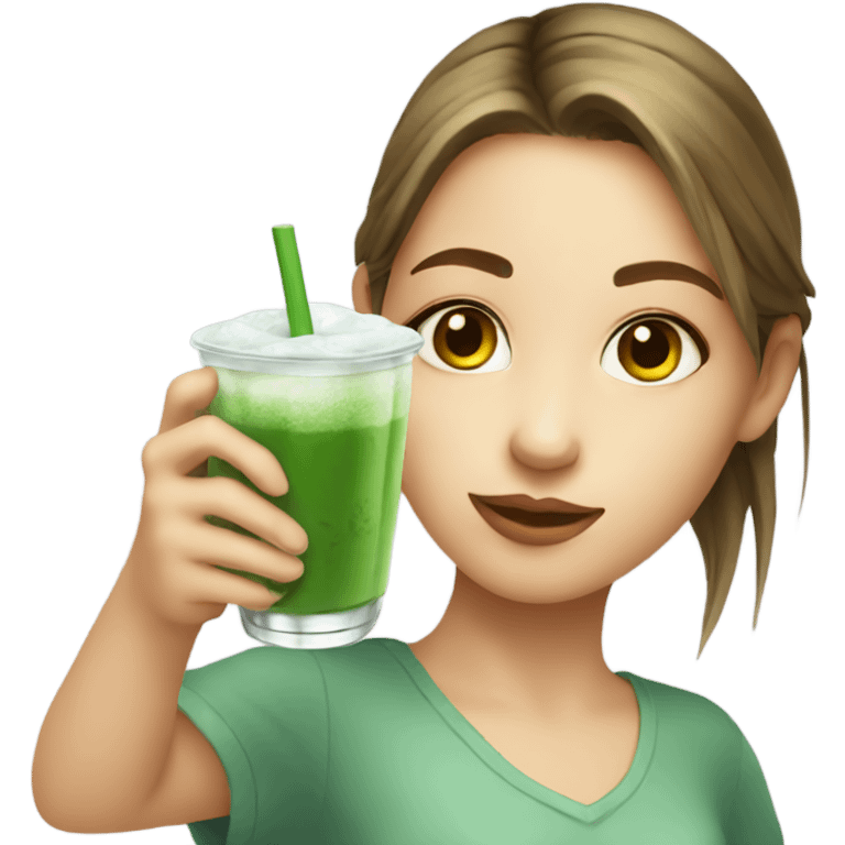 Pretty girl holding a glass cup of iced matcha  emoji