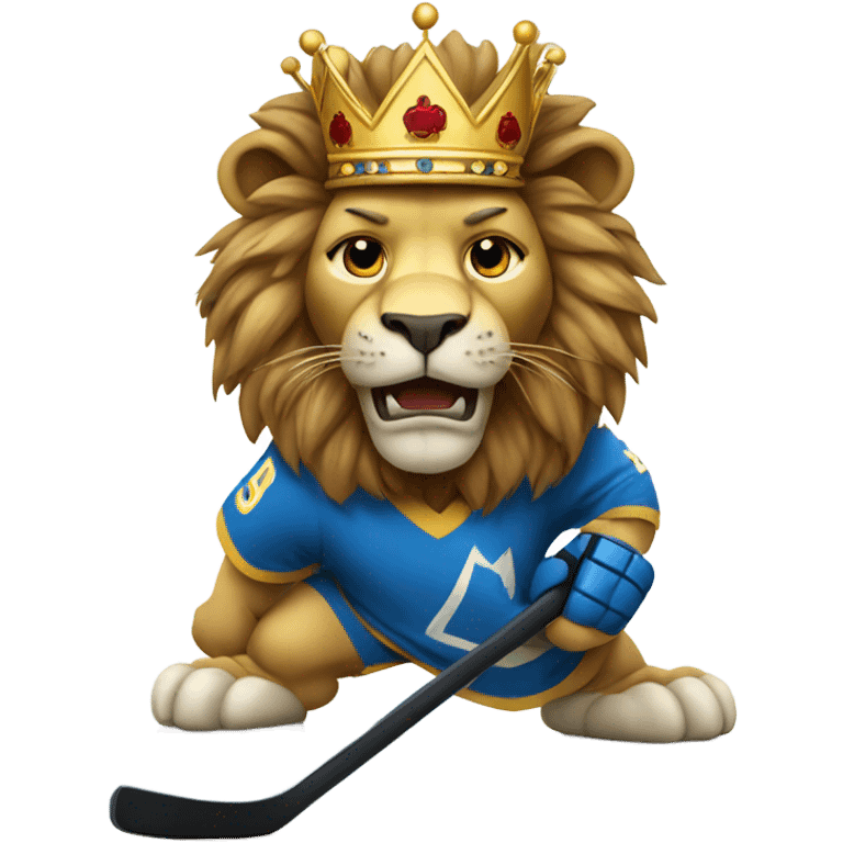 Lion with a crown on playing hockey  emoji