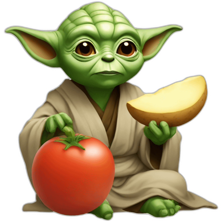 Yoda eating potato on a Tomato emoji