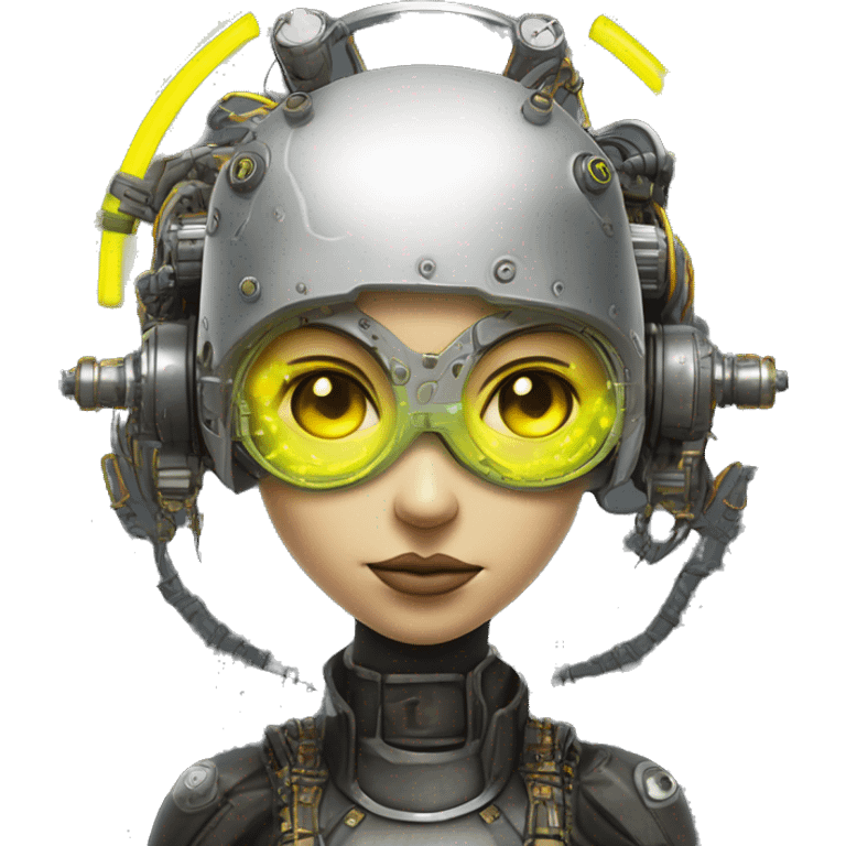 Round faced Caucasian female cyborg head with Neon yellow bobbed hair, silver steampunk goggles and circuits emoji