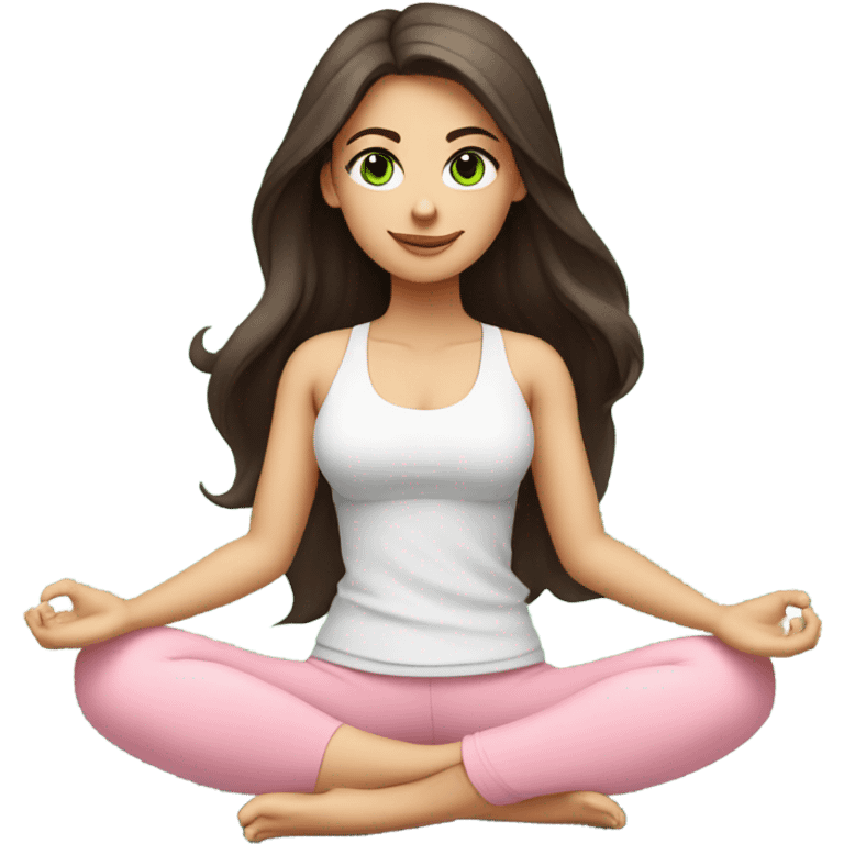 Dark brown long hair and green eyes yoga beautiful girl in light pink pink pink clothes sitting on a yoga mat emoji