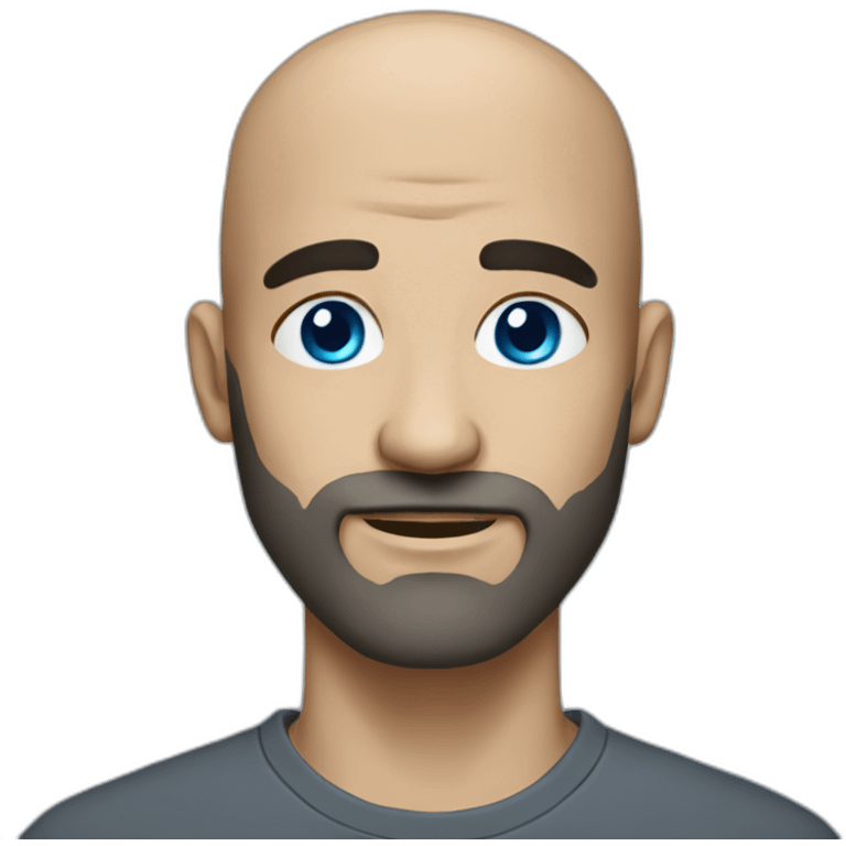 Bald with blue eyes and dark grey beard and small eyebrows emoji