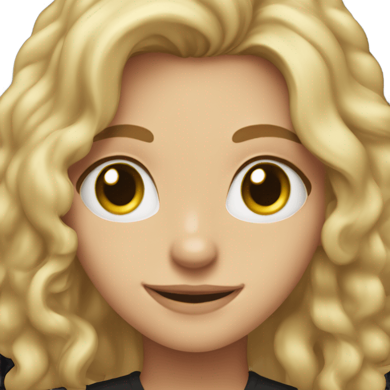 dirty blonde haired girl, curled, hazel eyes, smiling with a black shirt emoji