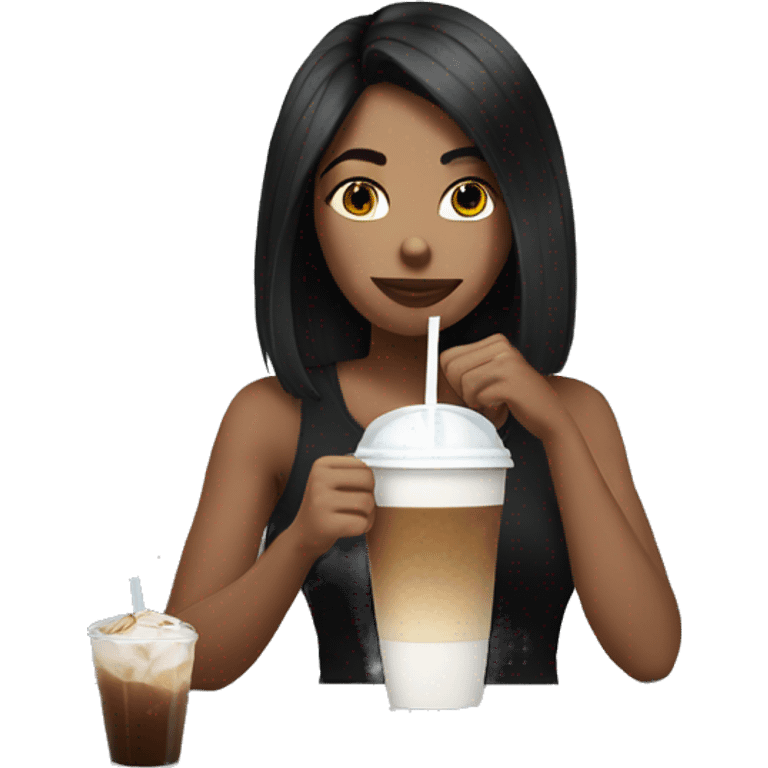 A girl white black hair drinking a iced coffe emoji