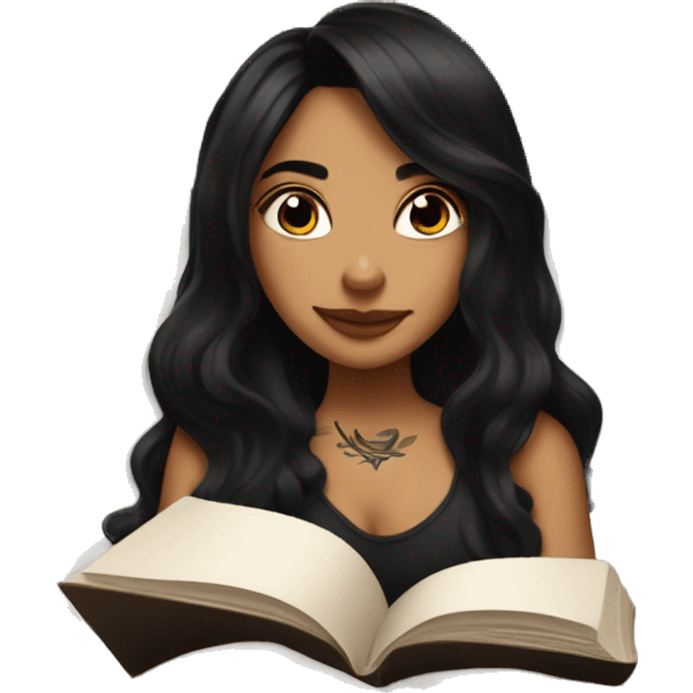 Girl with long black hair and tattoos reading a book in bed wearing black  emoji