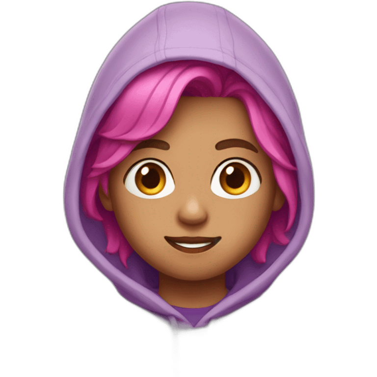 A boy with short bright pink hair, hair length of 6 millimeters and earrings in a purple hoodie emoji