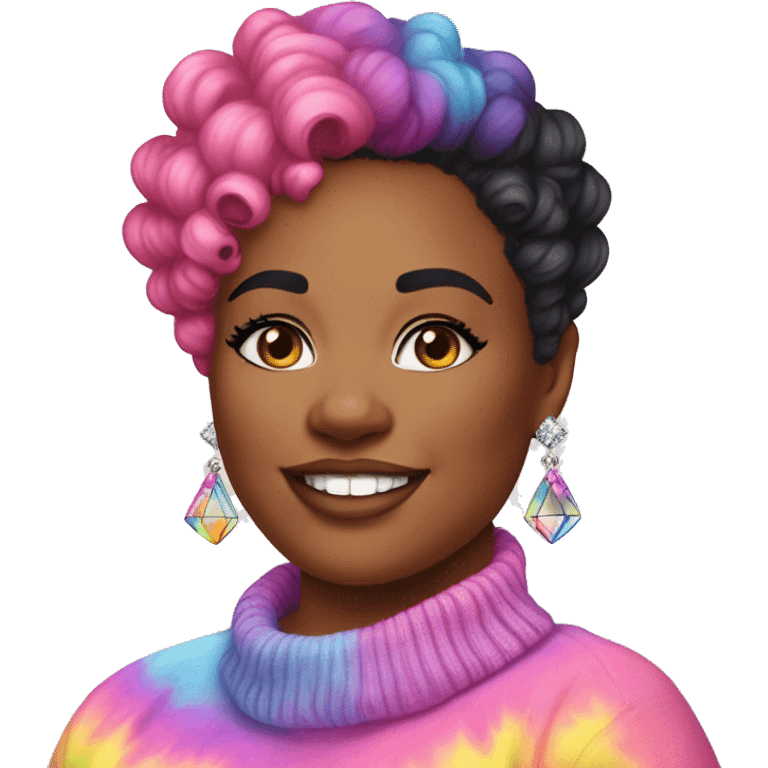 Plus size black woman with pink curly pixie cut hair and a rainbow tie dye sweater , and diamond stud earrings  emoji