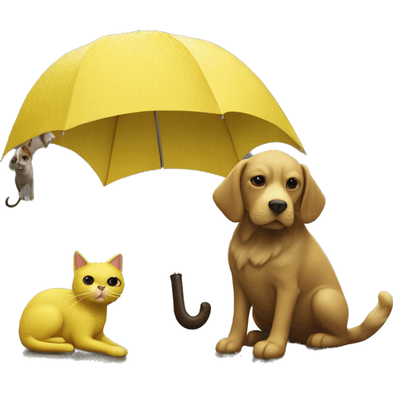 Yellow umbrella with cat and dog under and rain emoji