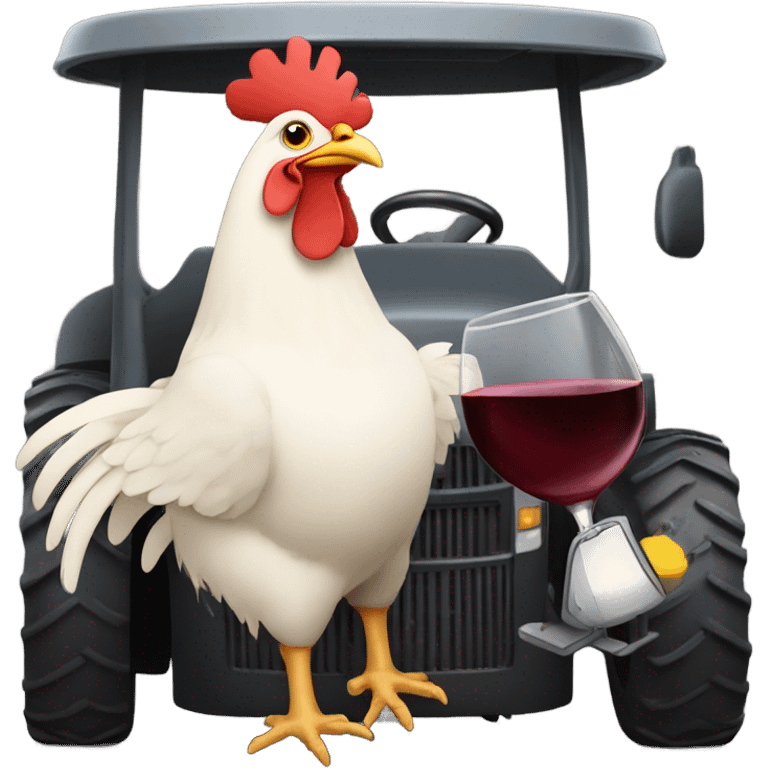 Chicken driving a tractor drinking wine emoji