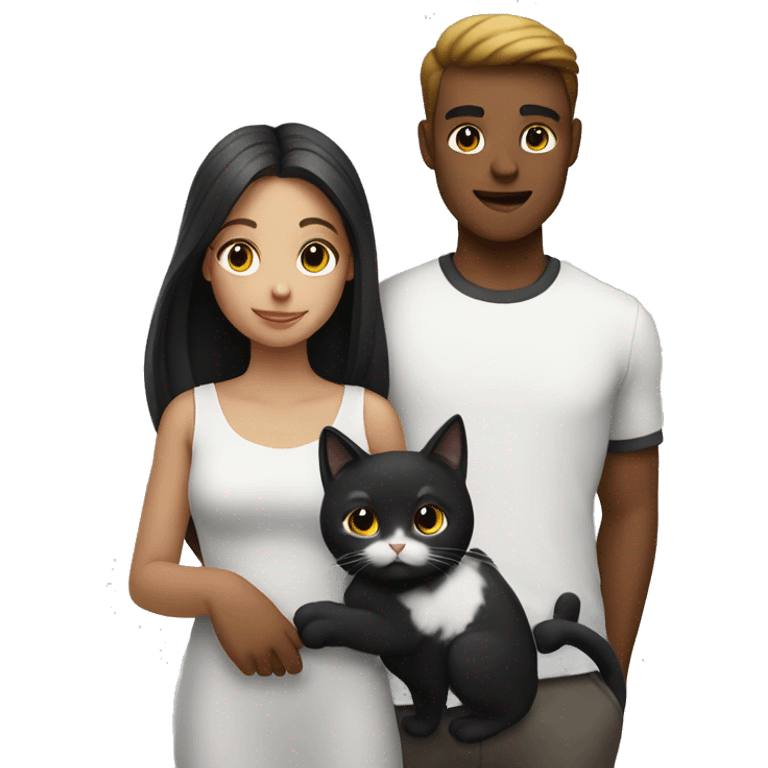 A guy and a girl are standing next to each other and holding a black and white cat in their arms emoji