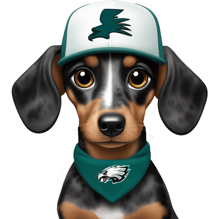 Miniature Blue Merle  Light Tri Brown and Black Spotted Dachshund wearing Philadelphia Eagles Hat with C on Jersey emoji