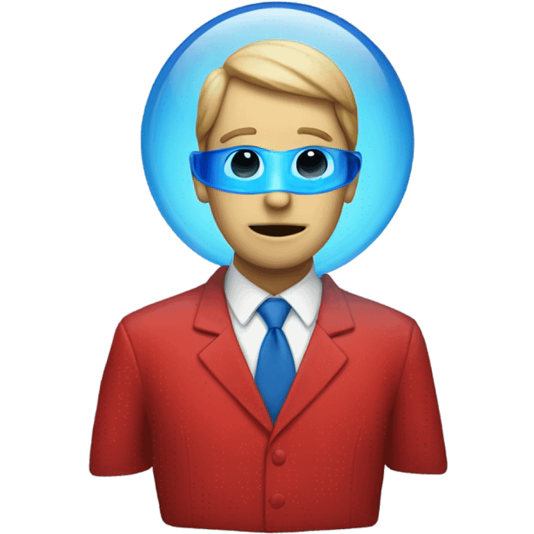 A person wearing a red suit with a blue glass part where the face is emoji