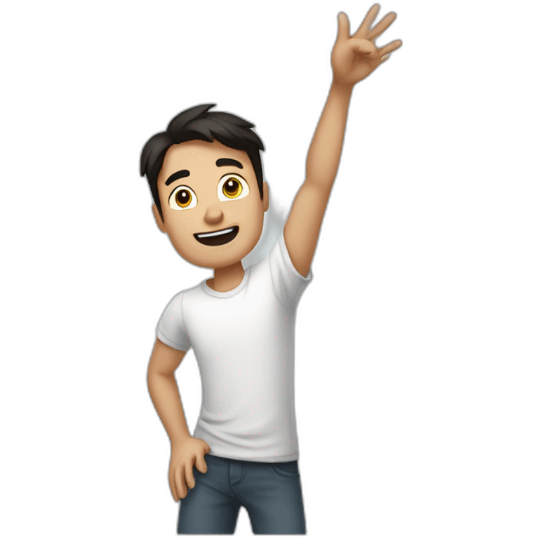 dark haired man in white t-shirt raising arms in victory emoji