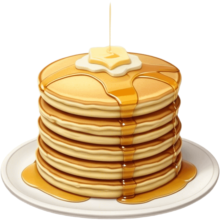 Cinematic fluffy golden pancakes, stacked high, drizzled with maple syrup, topped with fresh butter melting on top, light dusting of powdered sugar, warm and inviting, soft glow and mouthwatering. emoji