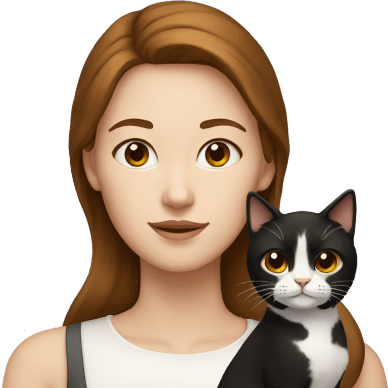 Woman with brown hair, with a white cat and black cat emoji