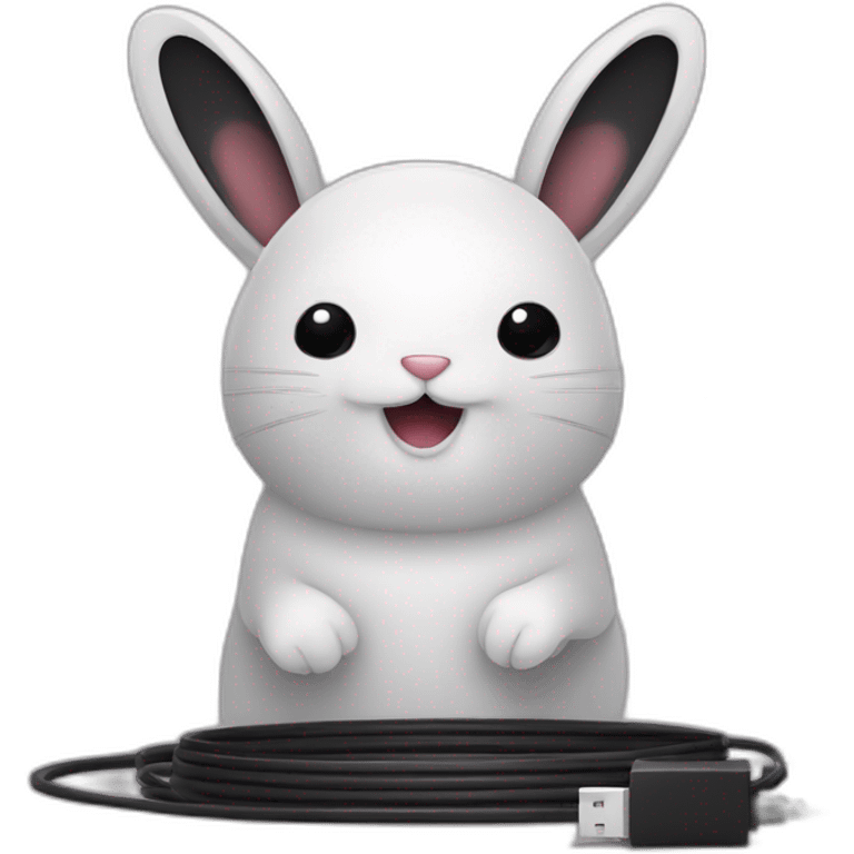 A black rabbit with a white cable of charger cut in half in his mouth  emoji