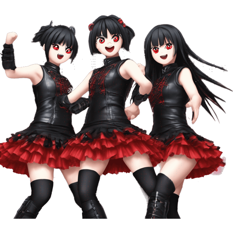 "Su-metal", "Moametal", and "Momometal" from the band Babymetal doing their dance move on stage wearing their black leather over red frilly dress emoji