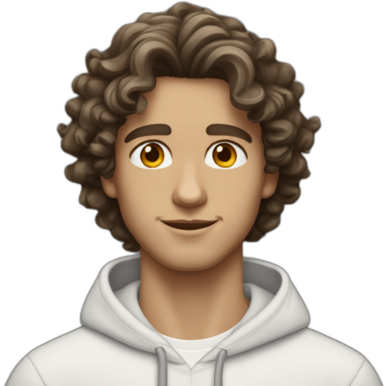 Brunette guy wavy medium curly hair with hazel eyes white wearing a hoodie emoji