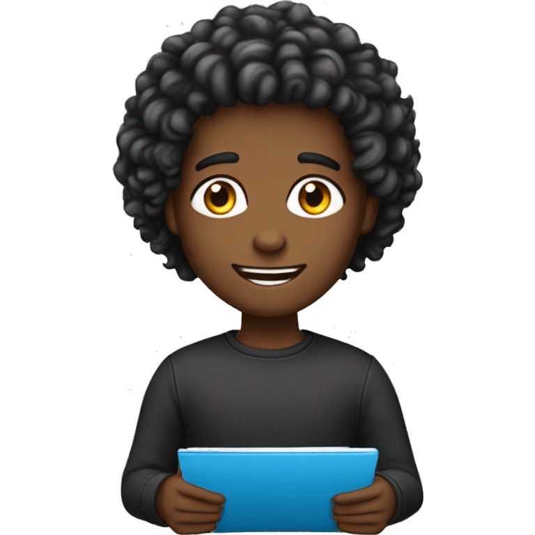 Menino de cabelo preto usando um notebook emoji