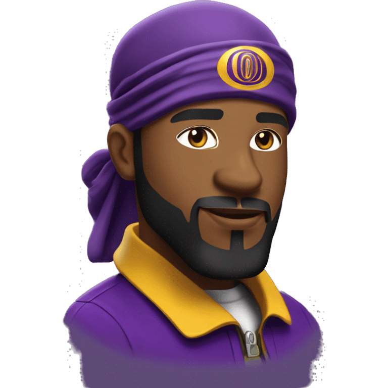 Omega psi phi man wearing a purple and gold letter man jacket a black durag on his head brown skinned black full beard and attractive  emoji