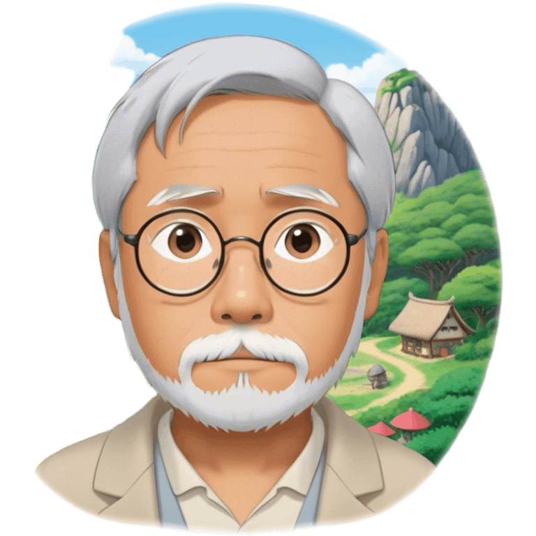 Hayao Miyazaki (filmmaker) – Cinematic Realistic Portrait of Hayao Miyazaki, portrayed with gentle, wise eyes and a thoughtful expression, set against a backdrop of whimsical sketches and animated landscapes reminiscent of Studio Ghibli, rendered with soft natural lighting and rich, detailed textures that evoke creative magic. emoji