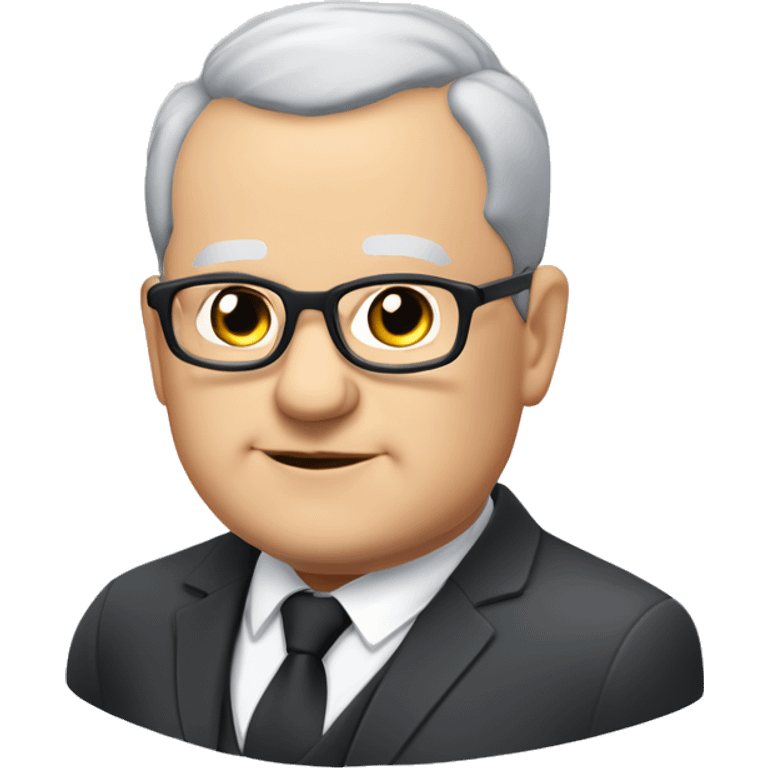 Chubby man of about 60 years of age with a bald shin. Small round glasses and dark eyes. Grey hair and a double chin. Chubby pointed nose. He wears a black suit with waistcoat, jacket and tie. emoji