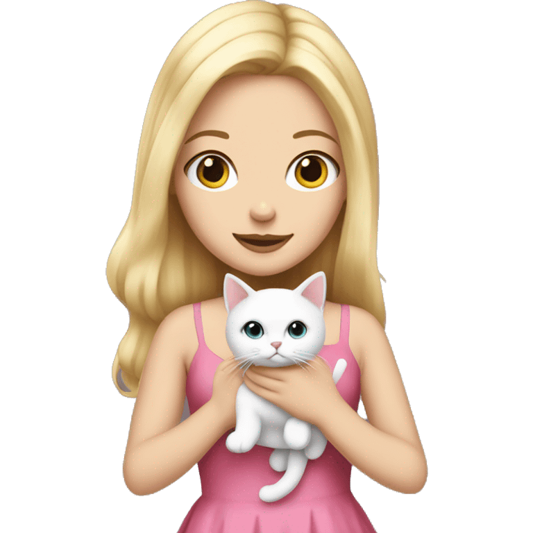 A white girl blonde hair with a pink dress holding a white cat emoji