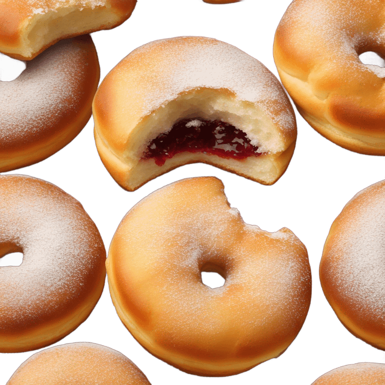 Pączki with powdered sugar on top and a bite taken out showing red filling emoji