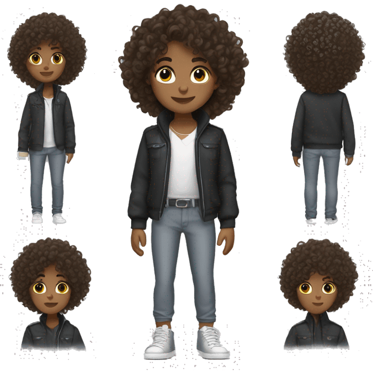 brown curly hair brown eyes black with silver clothes silver braclet belinciaga shoes emoji