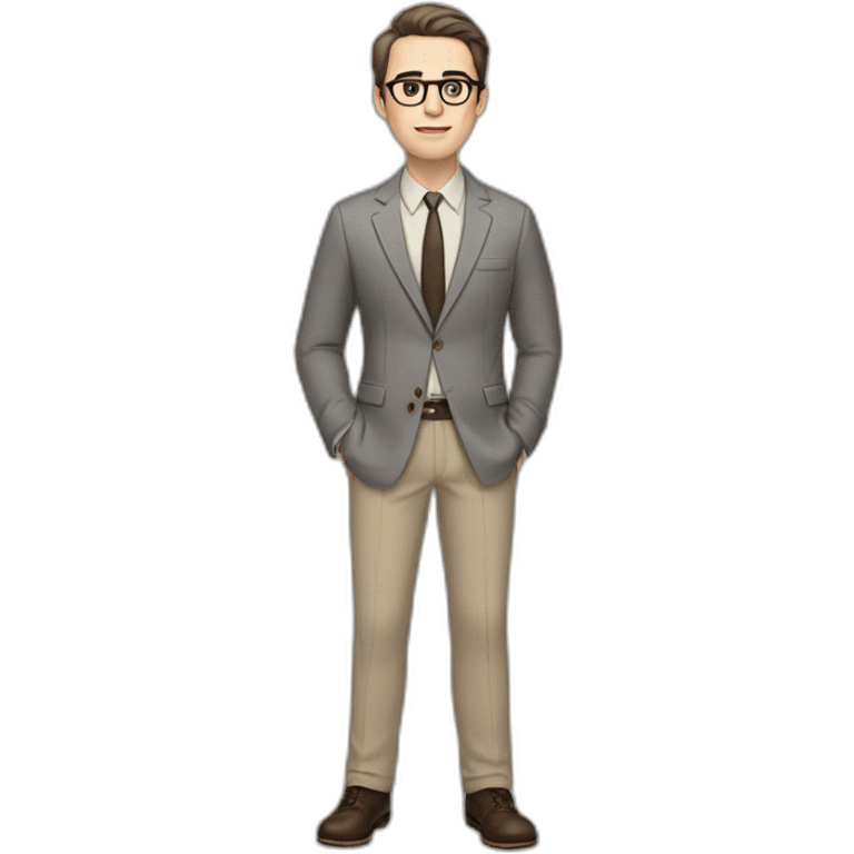 Full height Pale skinned Fit Man With dark brown hair in gray jacket, beige office shirt, tie, Brown pants and vintage glasses. Thrumbs of his palms directed up emoji