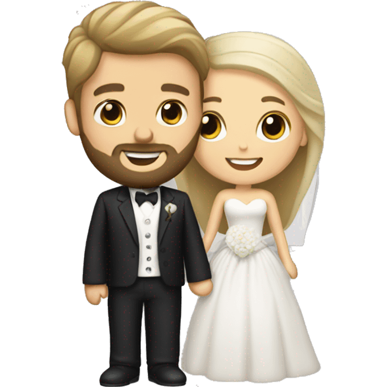 Brunette bride and blond hair/bearded groom. Hugging.  emoji