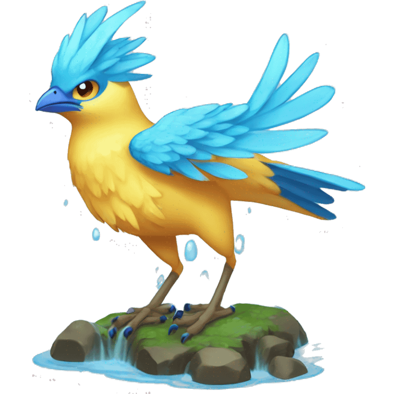 Wet Cool Cute Fantasy legendary blue bird water-type-Hydro-Phoenix-avian Fakemon full body emoji