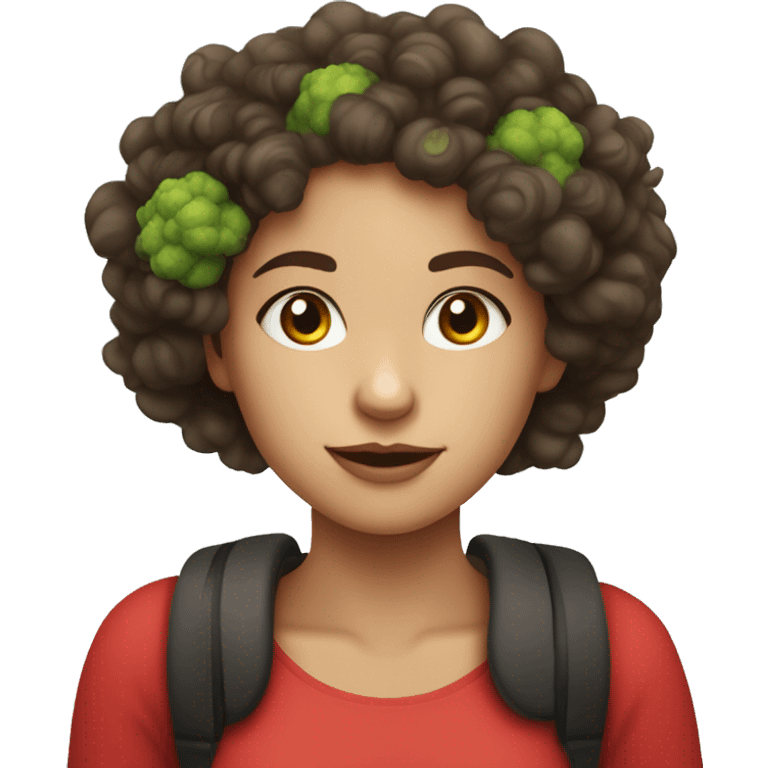 brunette girl with red cheeks and broccoli like curls in her hair emoji