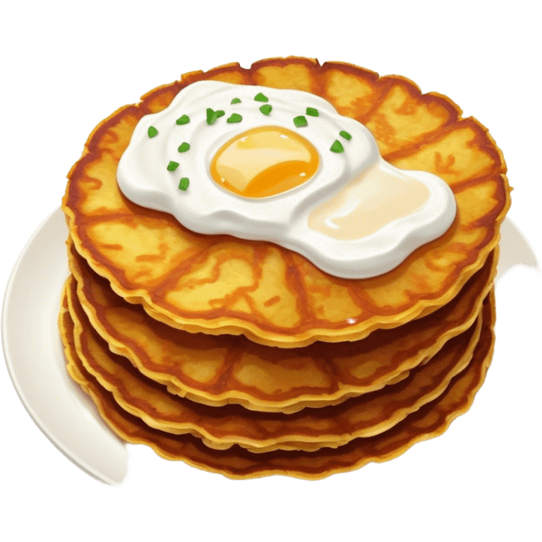 Cinematic Realistic Placki Ziemniaczane Dish Emoji, depicted as crispy potato pancakes served with sour cream rendered with vivid textures and warm, appetizing lighting. emoji