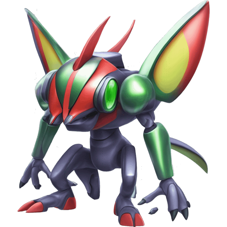 a shiny metallic Genesect-Flygon-Raptor-Fakémon-Medabot-hybrid with a futuristic visor-helmet full body emoji