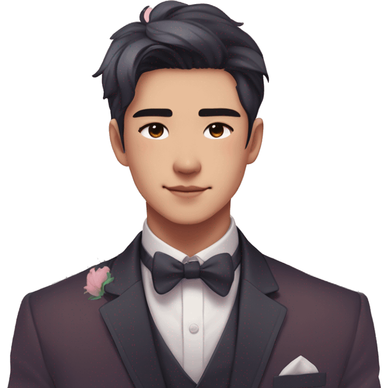 Gorgeous romantic anime style Asian formal modern gentlemanly guy with flowers and blushing face aesthetic trending style outside with colorful gradient colors emoji