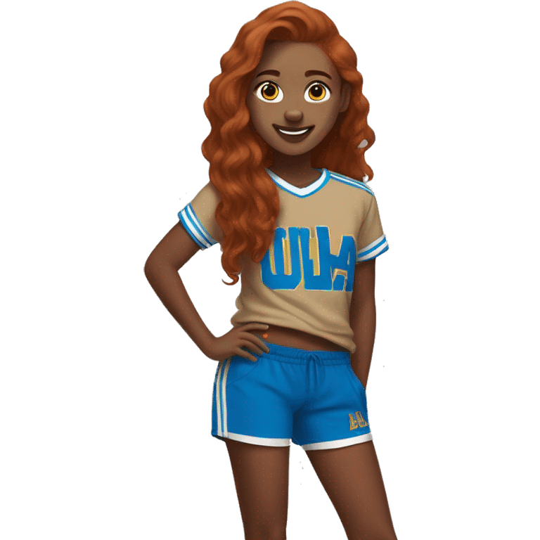 redhead college student wearing a ucla shirt, brown shorts, and adidas sambas emoji