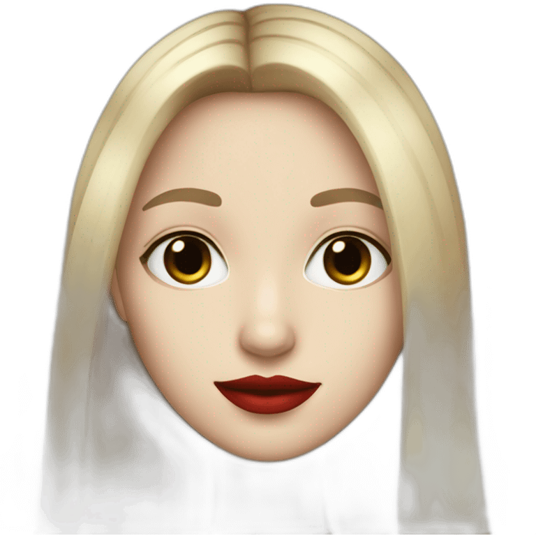 straight long hair,red lipstick,black eyes, white skin and a small nose emoji