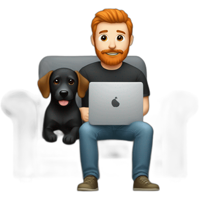 a man with a red beard sits working on a computer on the sofa with a black Labrador emoji