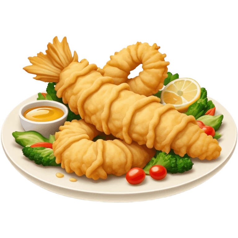 Cinematic Realistic Tempura Dish Emoji, depicted as lightly battered and fried seafood and vegetables rendered with delicate textures and crisp, inviting lighting. emoji