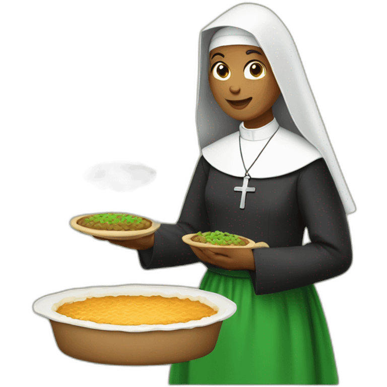 a nun wearing in green presenting a shepherd pie emoji