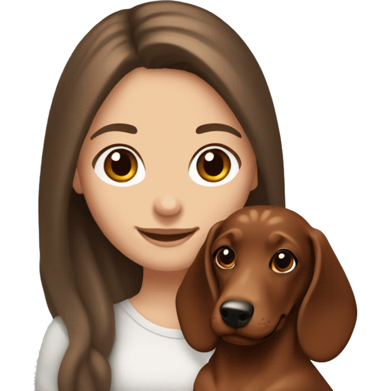 White girl long brown hair smiling and brown eyes with long eyelashes and holding a dachshund  in her arms emoji