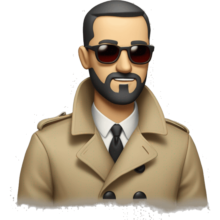 <excerpt>
A 1930s white man with real buzz cut Black hair, beard stubble donning tiny red tinted sun glasses in a dirty tan trench coat, is serious.
</excerpt> emoji