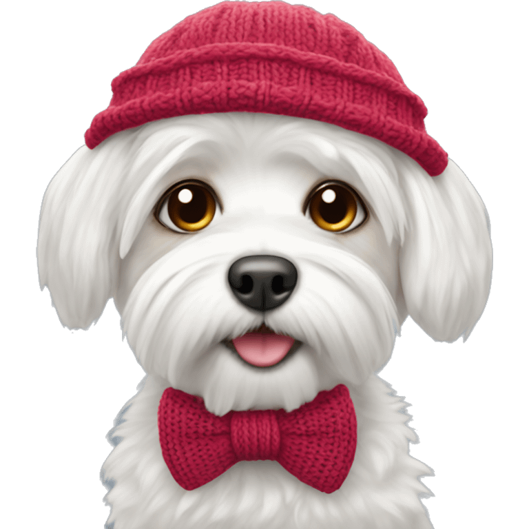 Maltese with bowtie and knitted winter hat emoji