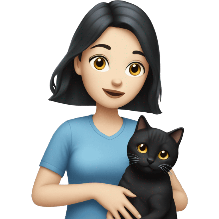 Pale woman with black hair and blue eyes holding a tabby cat emoji